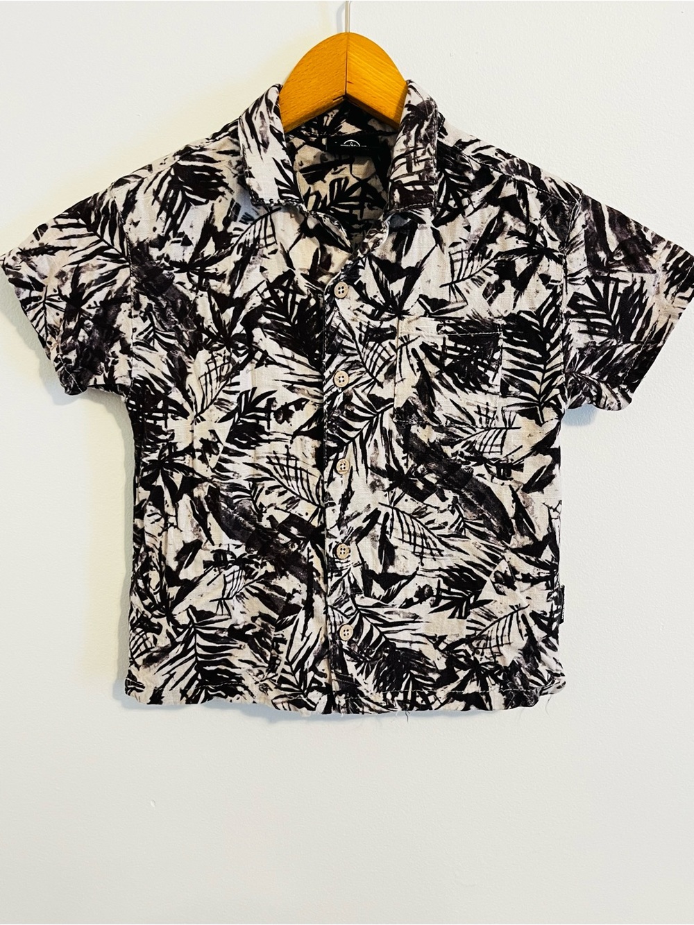 Volcom Linen Tropical Leaf Button Down Shirt Brown White Short Sleeve Boys 4T